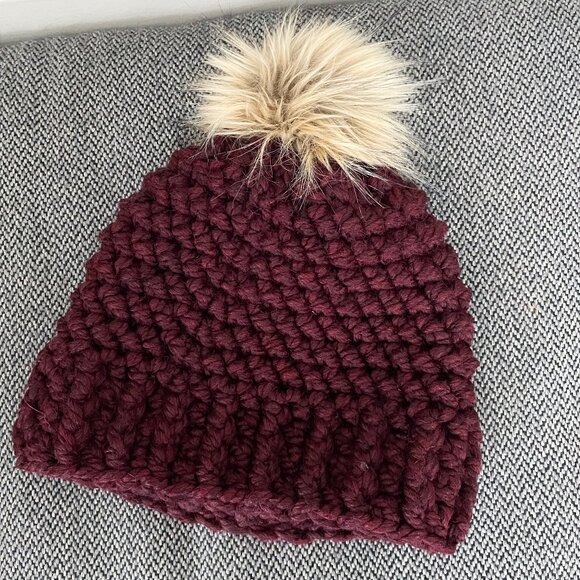 Merlot, Dark Red, Adult, Mens, Ladies Ivory crochet hat, faux fur Pompom, - Picture 6 of 6